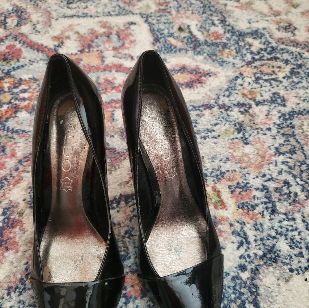 ALDO Size 35 Black Patent Peep Toe Platform Stiletto Pumps